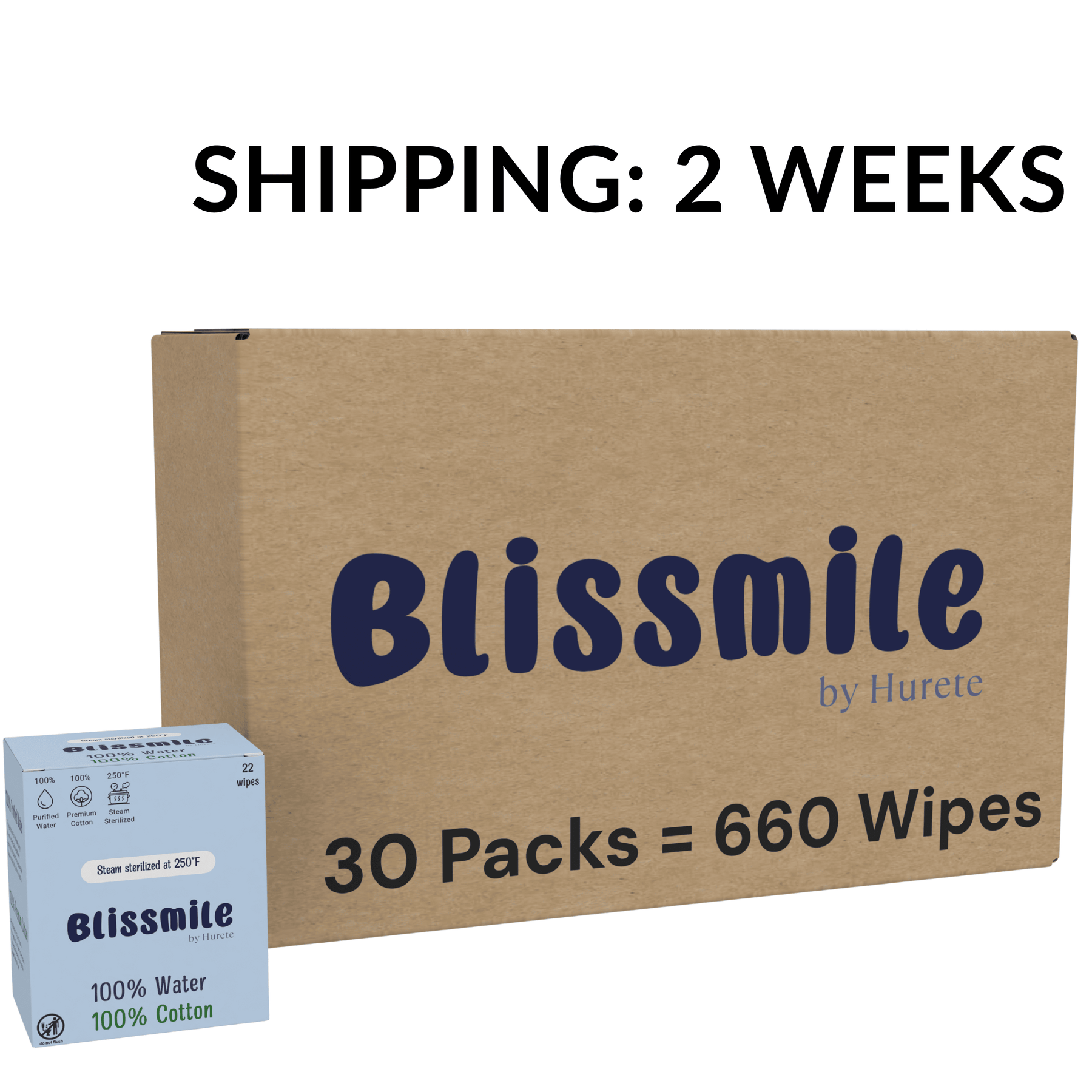 Blissmile Sensitive Wipes 30-pack shipping case containing 660 wipes, with a 2-week shipping notice