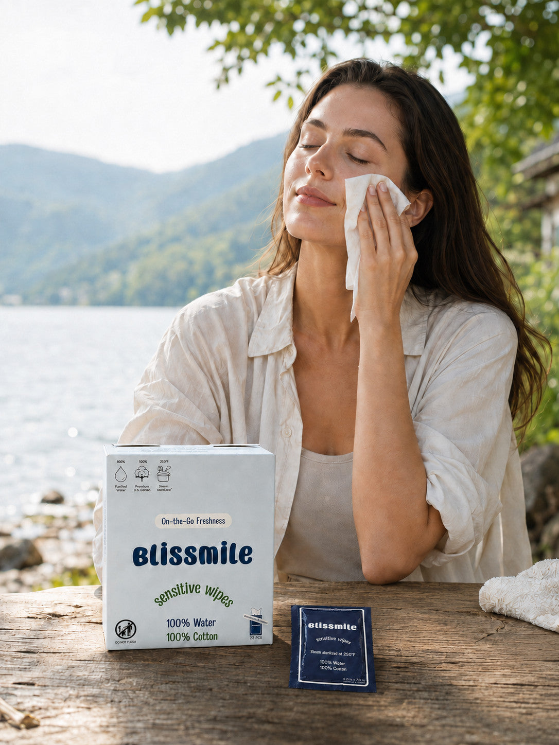 Woman using Blissmile Sensitive Wipes by a mountain lake, with the product box and single-use packet on a table.