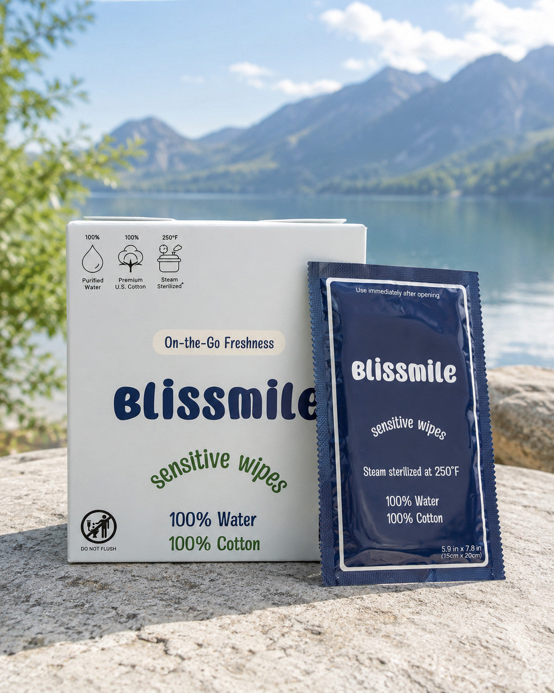 Blissmile Sensitive Wipes box and single-use packet displayed by a mountain lake.