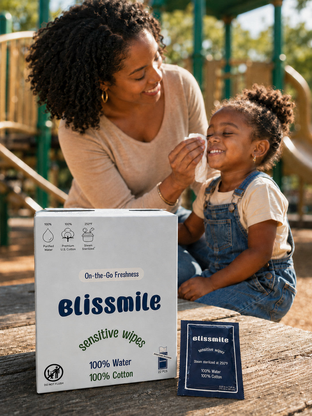 Woman using a Blissmile Sensitive Wipe to clean a child's face at a playground, with the product packaging in front.