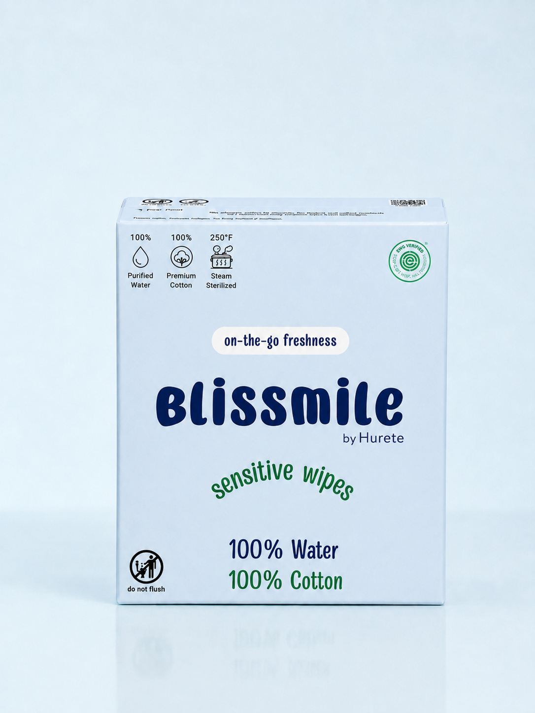 Front of a 22-count Blissmile Sensitive Wipes box
