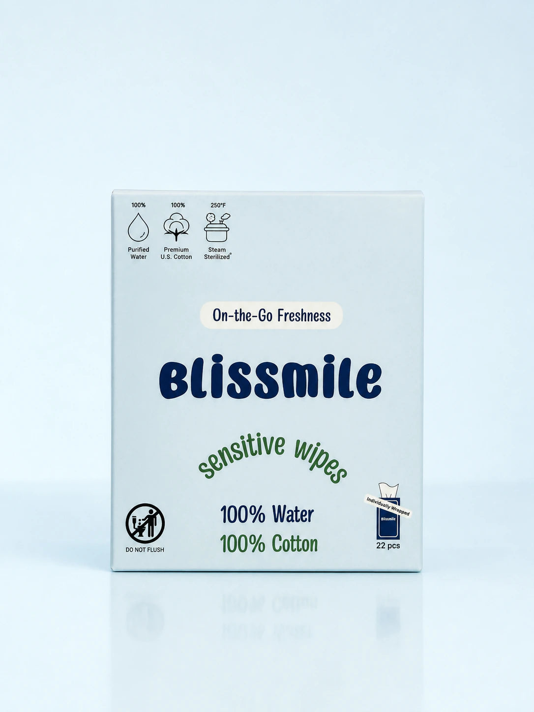 Front of a 22-count Blissmile Sensitive Wipes box
