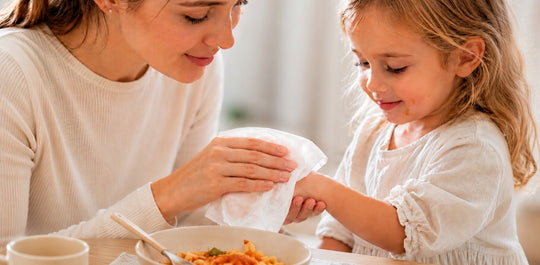 A mother gently cleaning her child's hand with a wipe