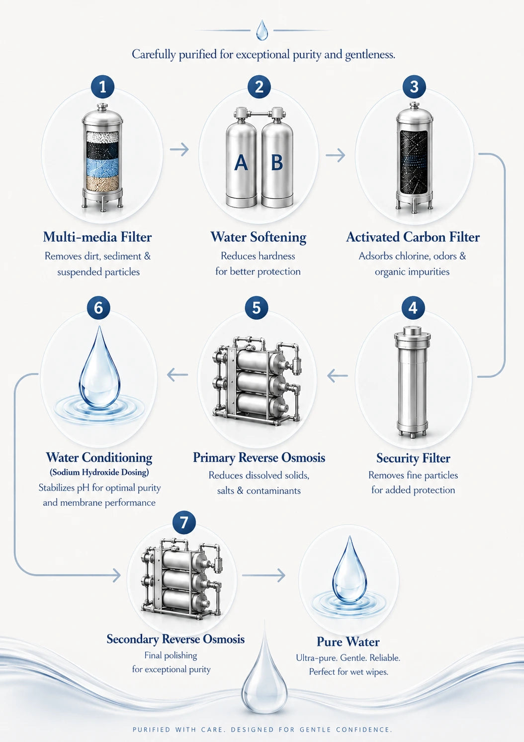 7-stage water purification process, from multi-media filtration through secondary reverse osmosis to pure water
