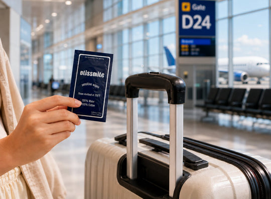A traveler holding a Blissmile wipe packet beside her suitcase at an airport