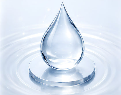 Clear water droplet on a reflective glass platform
