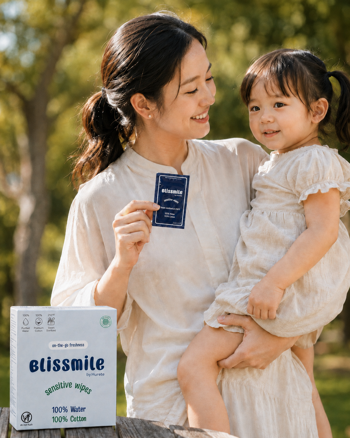 Mother holding her child and an individually wrapped Blissmile Sensitive Wipe
