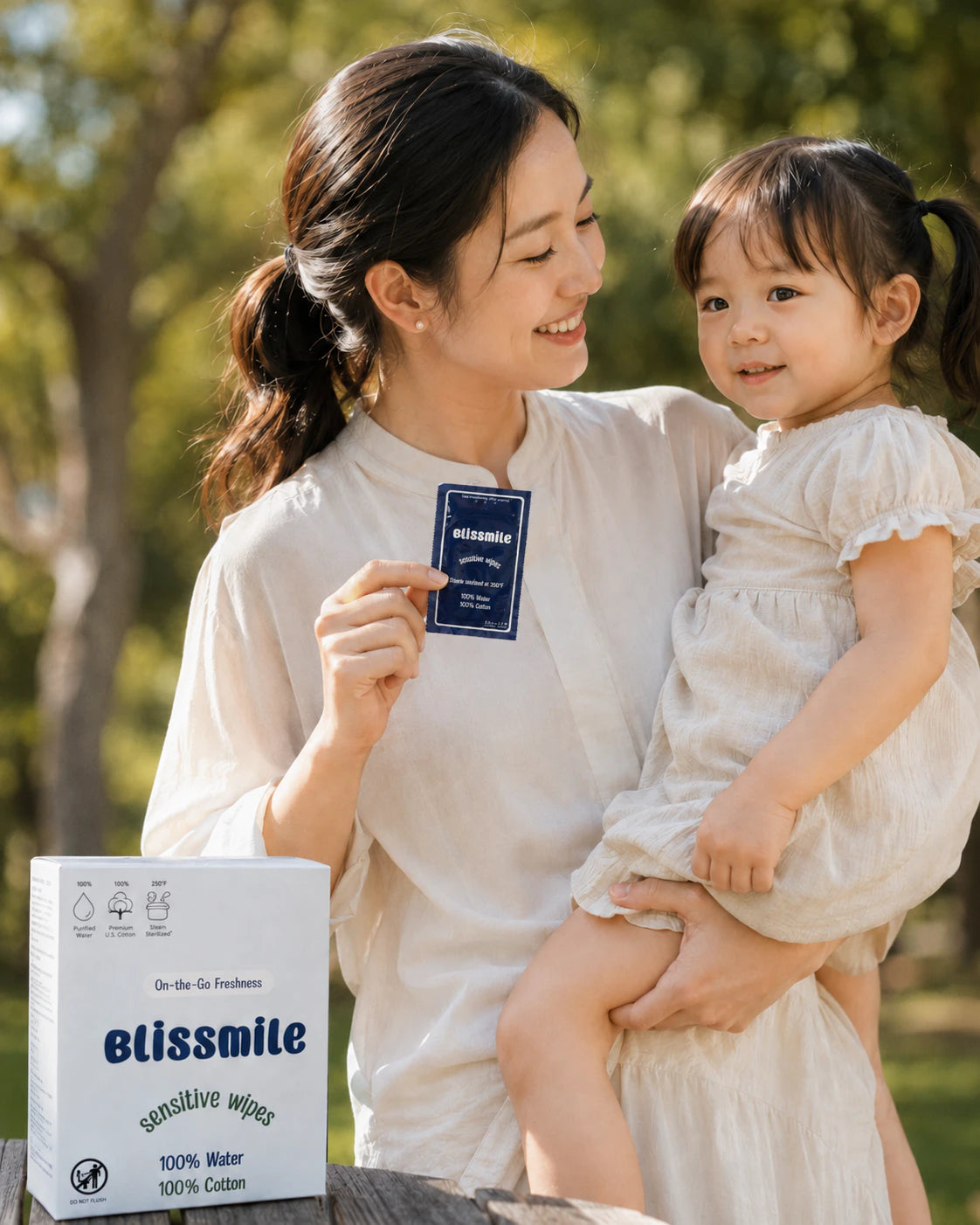 Mother holding her child and an individually wrapped Blissmile Sensitive Wipe